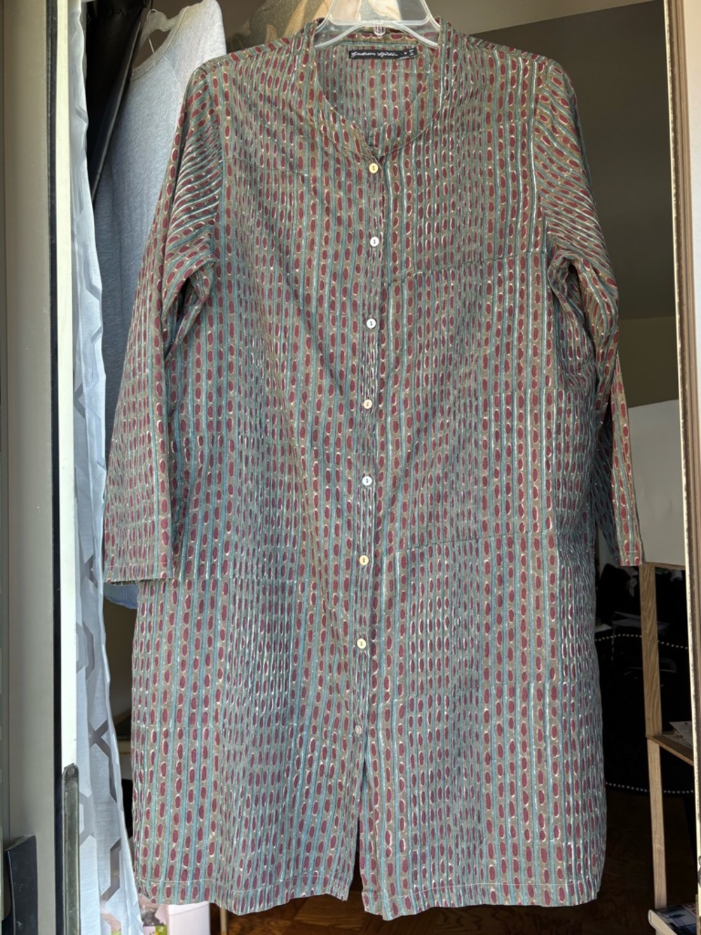 Gudrun Sjoden Olive and Burgundy Printed Long Button-Front Blouse